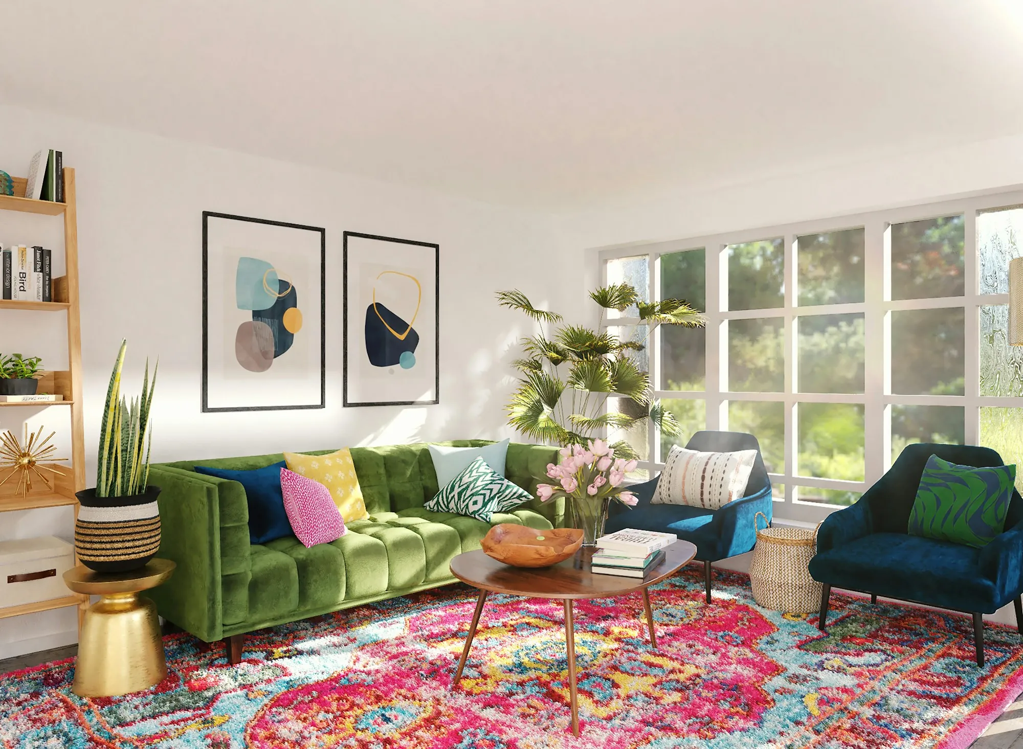 Colorful living room with a green sofa and a patterned rug